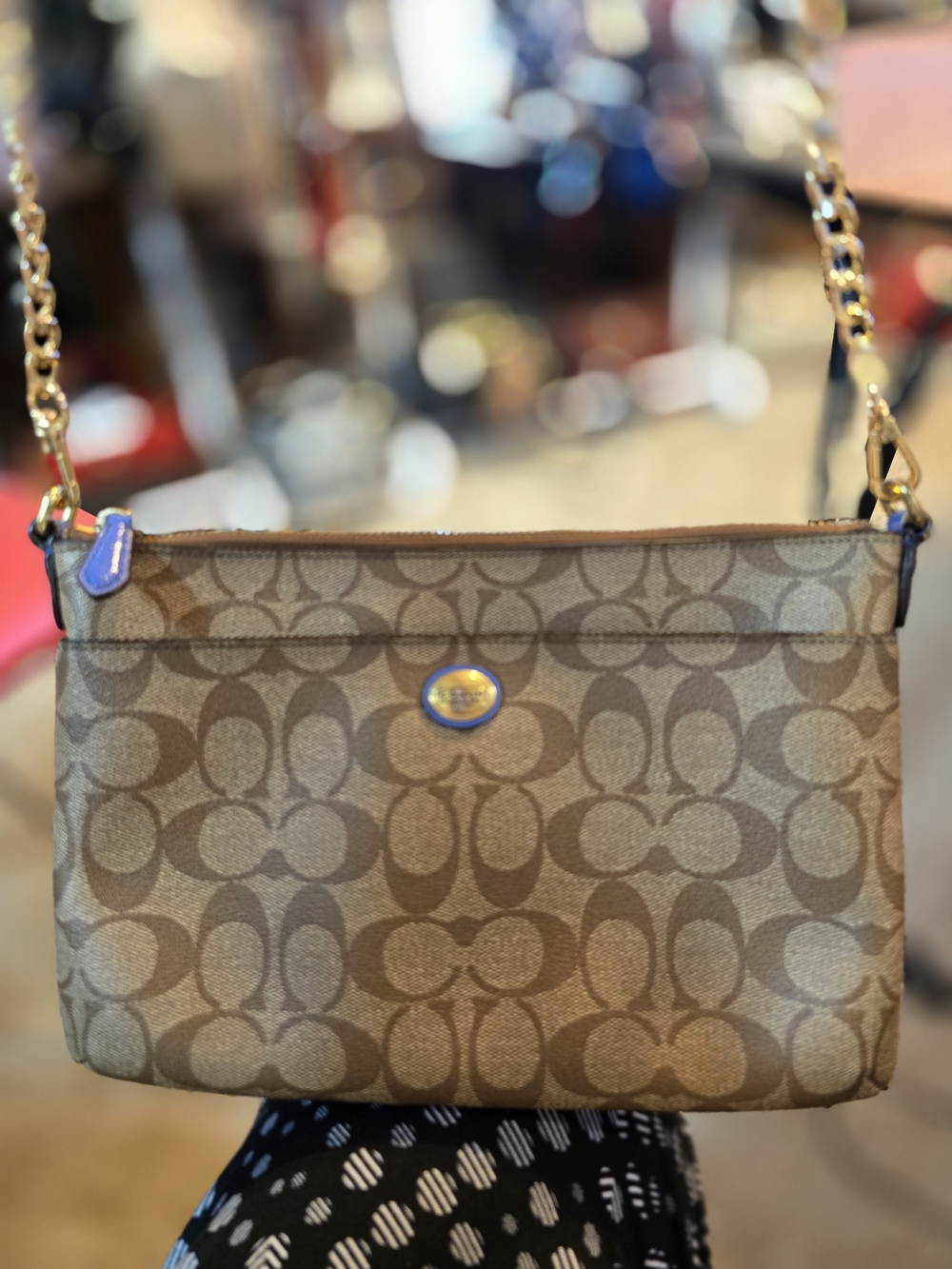 Coach Signature Canvas Crossbody Charlie 10.25x7.25 Bag in Khaki Blue Interior